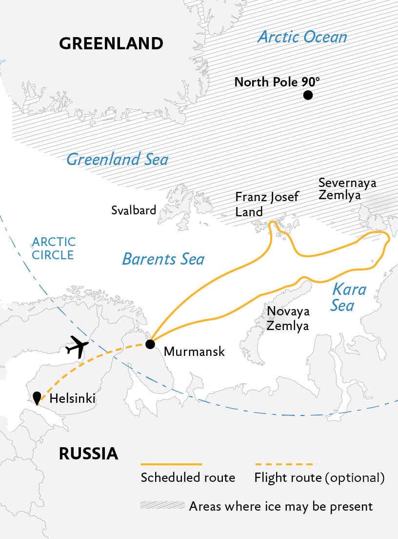 Arctic cruise to Novaya Zemlya, Severnaya Zemlya and Franz Josef Land. This unique 22-days arctic cruise starts and ends from the new passenger port of Murmansk city. Kola Travel